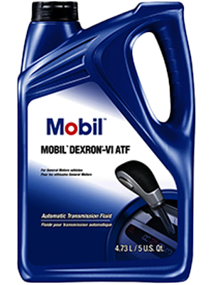 Blue Mobil automatic transmission fluid bottle labeled Mobil Dexron-VI ATF, with a built-in handle and a partial gauge image on the front, 473 L / 5 US qt.