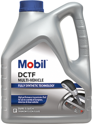 Mobil DCTF Multi-Vehicle fully synthetic transmission fluid bottle with blue cap and silver handle