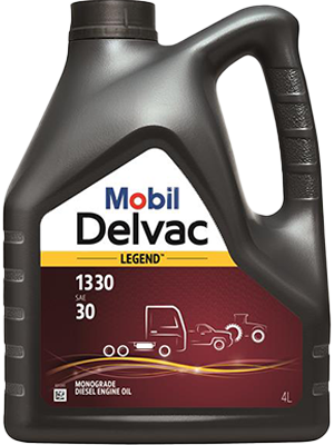 Mobil Delvac Legend 1330 monograde diesel engine oil, 4L container with black handle and red label.