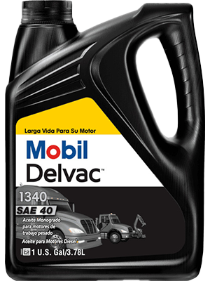 Mobil Delvac heavy-duty motor oil container, 1 U.S. gal (3.78 L), SAE 40, with yellow label.