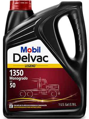 Mobil Delvac Legend 1350 Monograde SAE 50 diesel motor oil jug, red cap, with a truck graphic on the maroon label (1 US gallon).