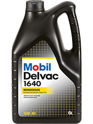 Six-liter black jug of Mobil Delvac 1640 monograde engine oil, SAE 40, with label visible.
