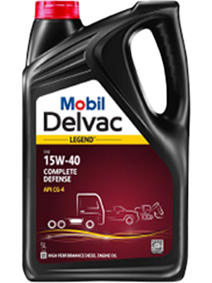 Black 5L Mobil Delvac motor oil container with red cap, label reads 15W-40 Complete Defense and shows a truck illustration.