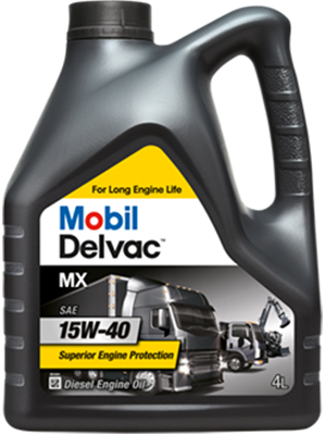 Mobil Delvac MX diesel engine oil 15W-40 in a 4 L container, labeled for long engine life with trucks pictured on the label.