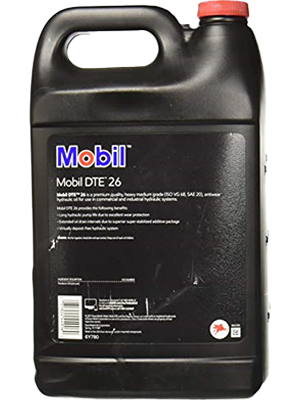 Black Mobil motor oil container with red cap and built-in handle, labeled Mobil DTE 26.