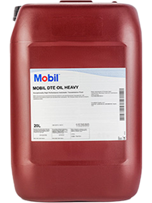 Red 20L Mobil oil container with a white label reading Mobil DTE Oil Heavy.
