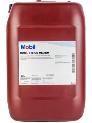 Red 20L Mobil DTE Oil Medium plastic container with white label.