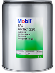 Metal oil can labeled Mobil EAL Arctic 220 with green and white label, indicating synthetic refrigeration oil