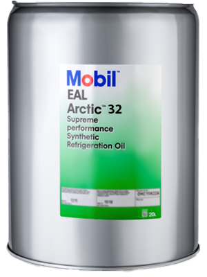 Metal can of Mobil Arctic 32 synthetic refrigeration oil with a green gradient label across the front.