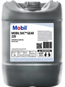 Gray plastic 5-liter container of Mobil SHC Gear 220 synthetic gear oil with label.