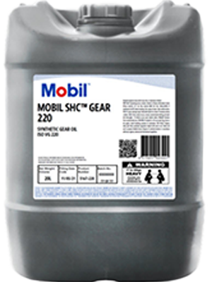 Gray plastic 5-liter container of Mobil SHC Gear 220 synthetic gear oil with label.