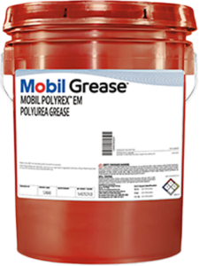 Red plastic pail labeled Mobil Grease, an industrial lubricant container with a white label and blue Mobil logo on a red bucket