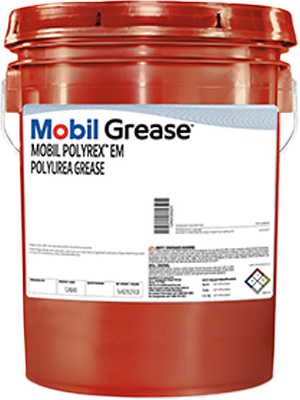 Red plastic pail labeled Mobil Grease, an industrial lubricant container with a white label and blue Mobil logo on a red bucket